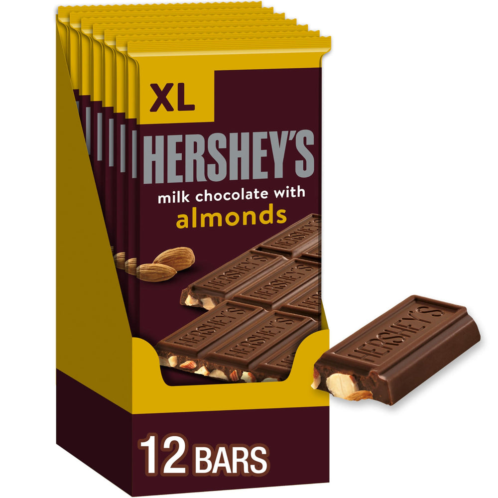 HERSHEY'S Milk Chocolate with Almonds XL packaging close-up for gifting and sharing.