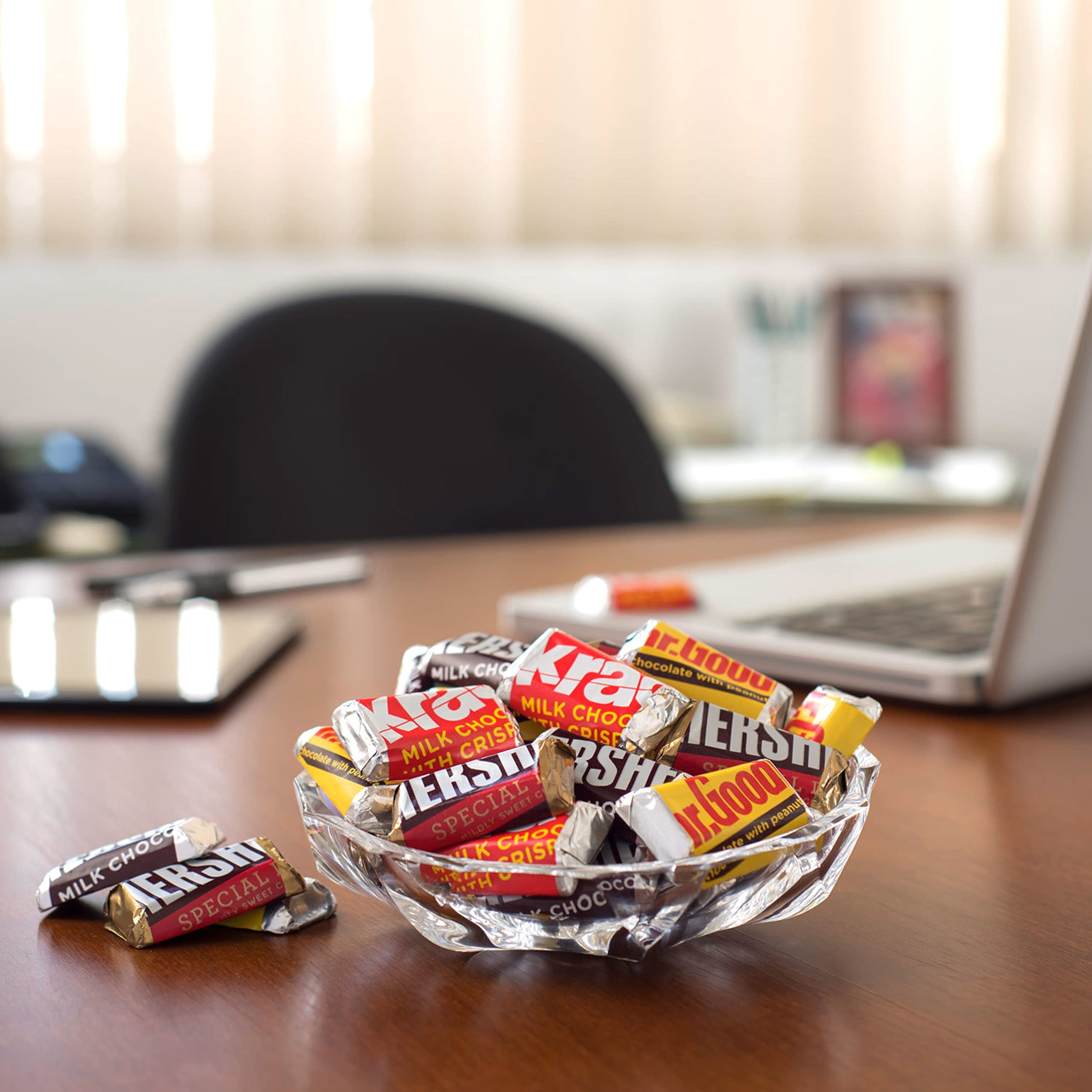 HERSHEY'S Miniatures Krackel close-up, crisped rice crunch adds texture.