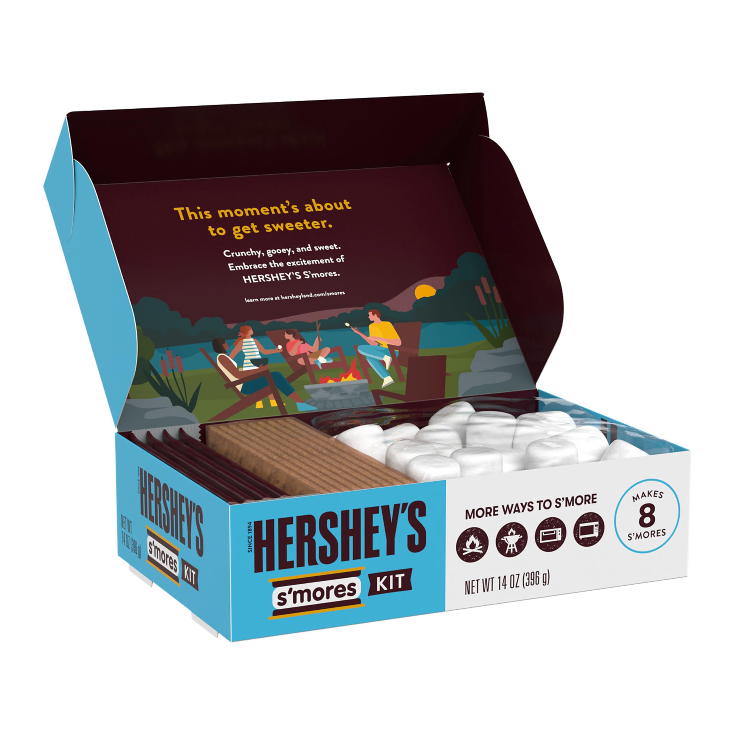 HERSHEY'S S'mores Kit Box milk chocolate bars highlight rich melty chocolate goodness.