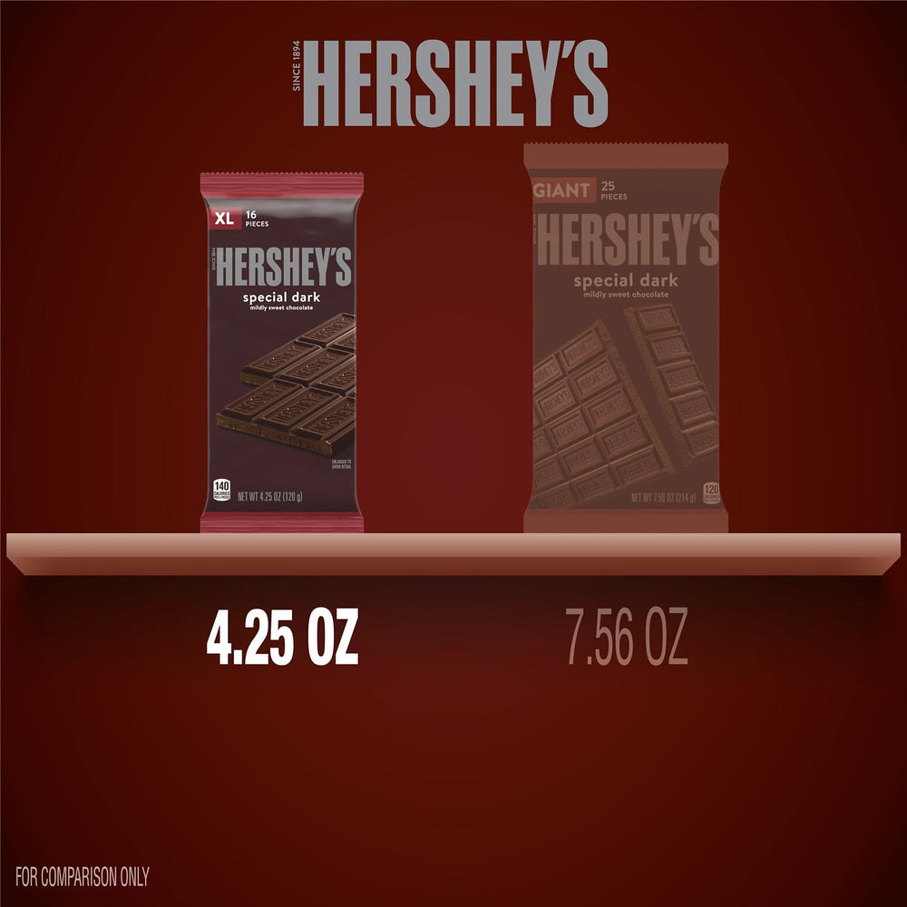 Bulk box of HERSHEY'S SPECIAL DARK XL bars on kitchen counter.