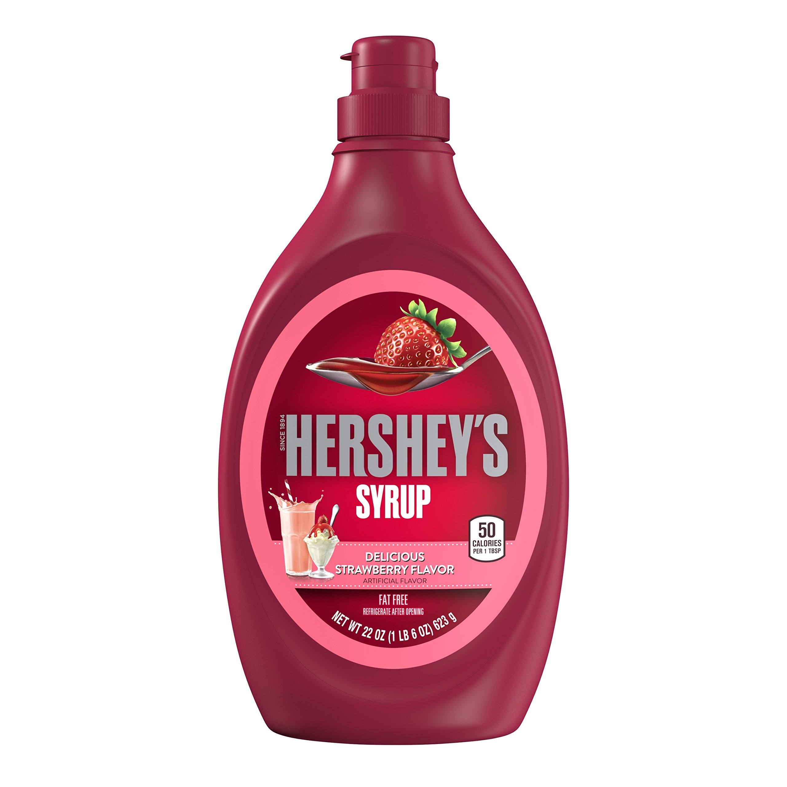Hershey's Strawberry Syrup 22 oz bottle pouring onto pancakes for fruity drizzle