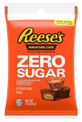 Hershey's Sugar Free Reese's Miniatures Original—creamy peanut butter center, chocolate coating, low-sugar snack.