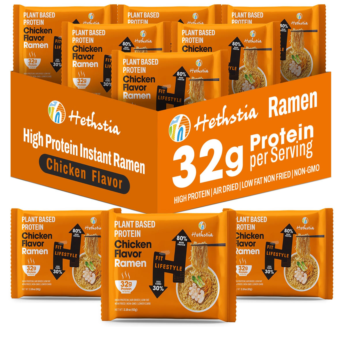 Hethstia high-protein ramen chicken broth pack front, protein-boosting quick meal option