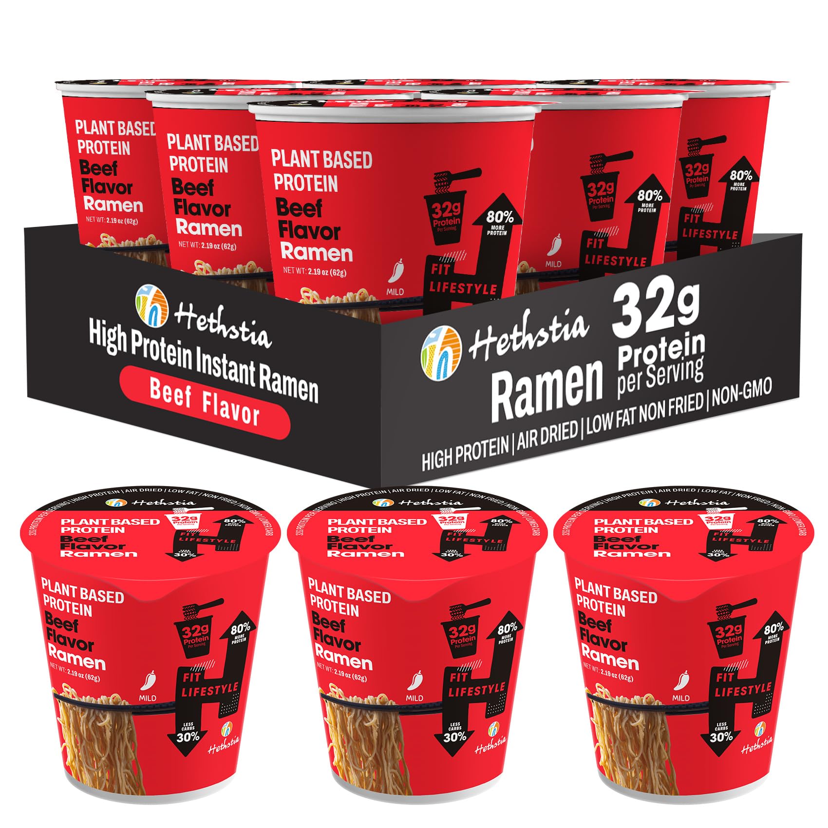 Hethstia high-protein ramen cup with spicy beef front view, ideal for quick plant-based meals.