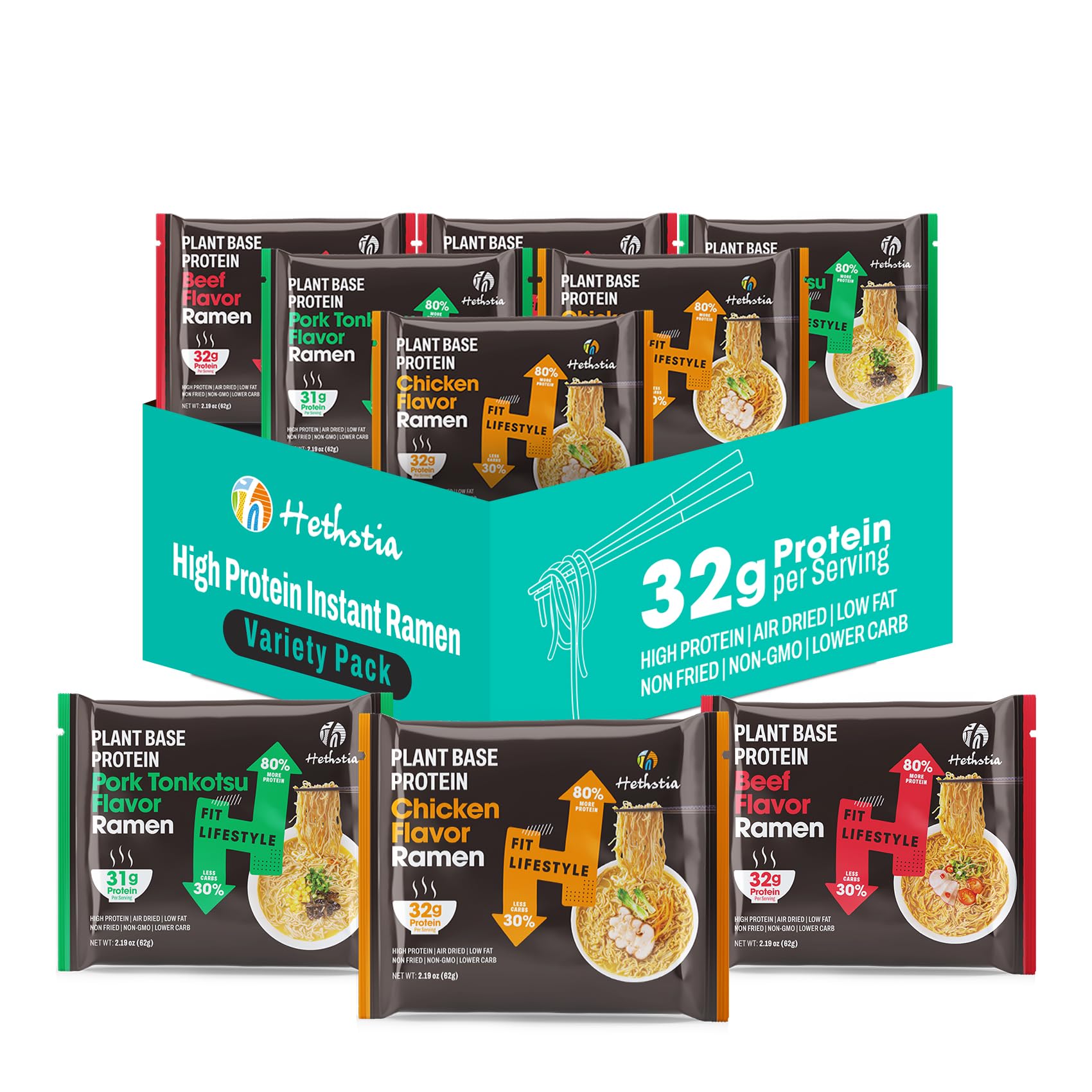 Hethstia High-Protein Ramen variety pack front view, protein-packed meal option.