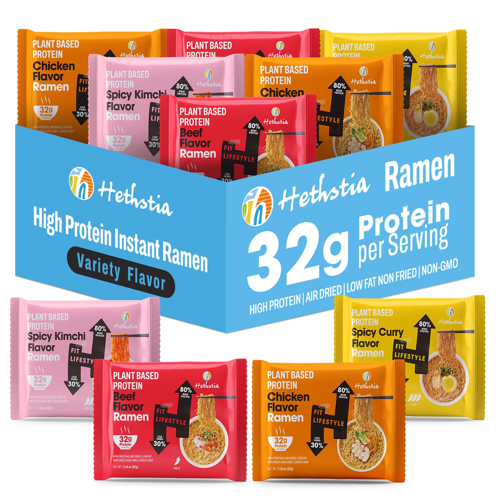 Hethstia high-protein ramen variety pack showing four flavors for quick plant-based meals.