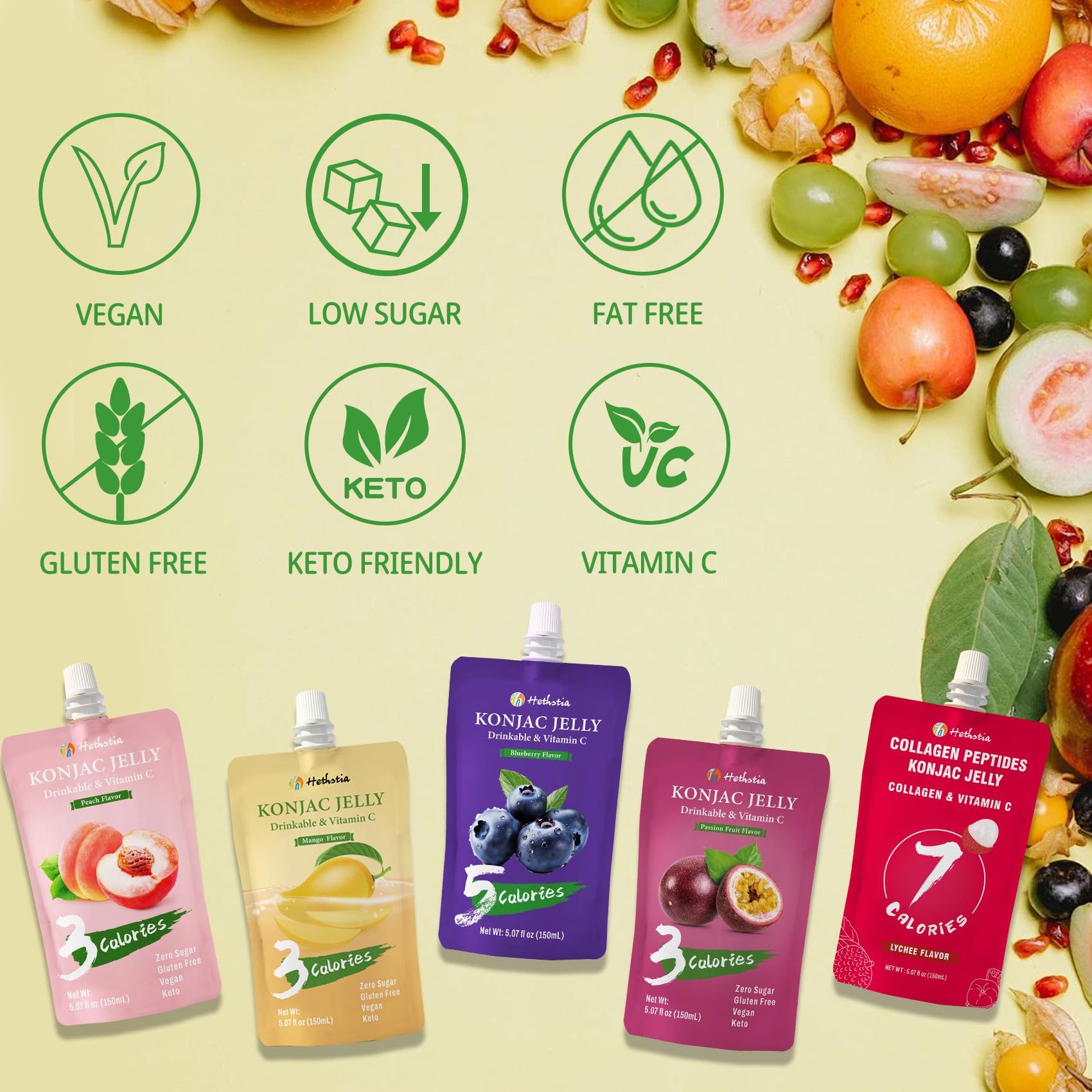 Hethstia Konjac Jelly Pouch Mango pack, refreshing vegan treat.