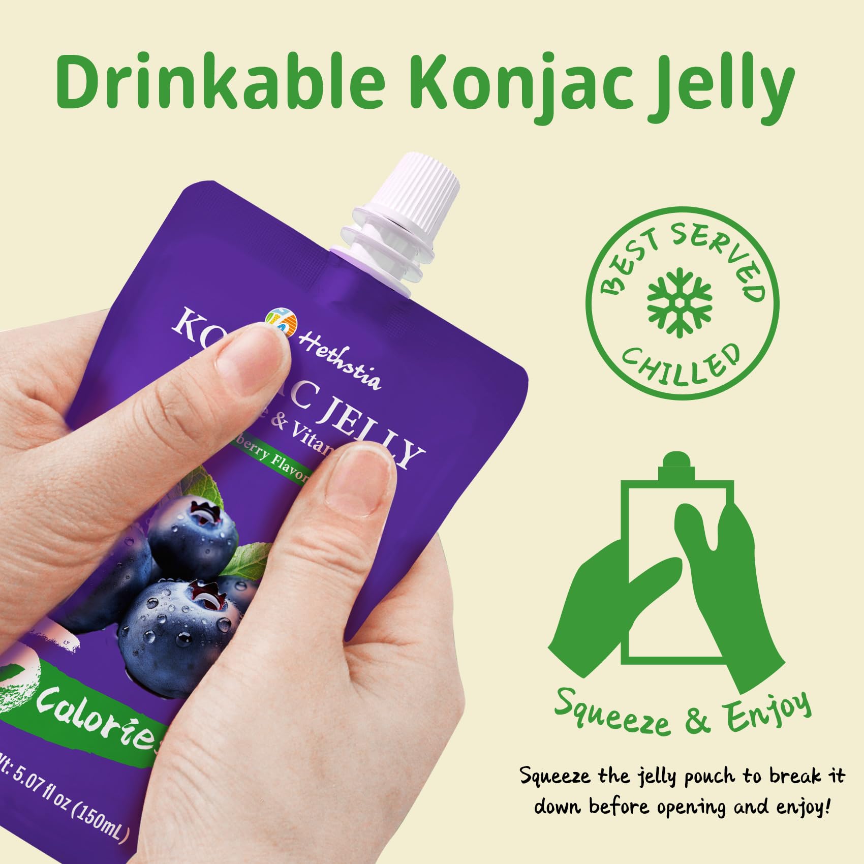 Hethstia Konjac Jelly Pouch texture close-up, chewy jelly detail.