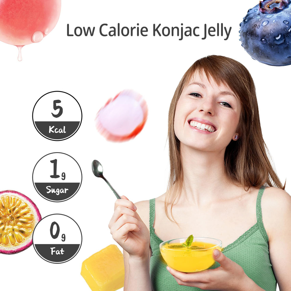 Hethstia konjac jelly variety-pack display featuring five flavors