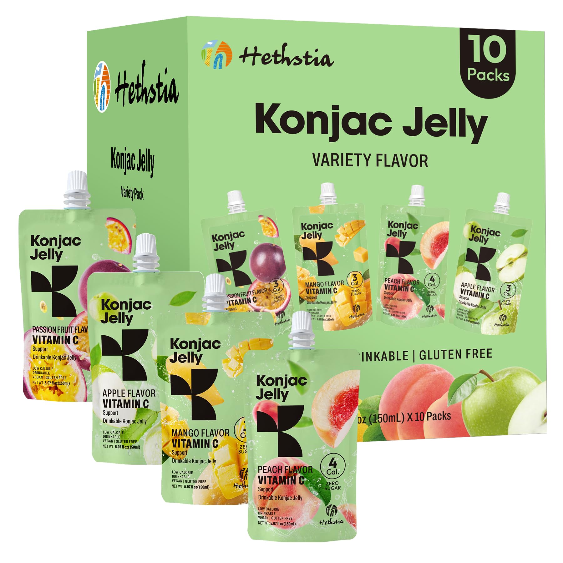 Hethstia Konjac Jelly Variety Pack front view, convenient on-the-go snack.