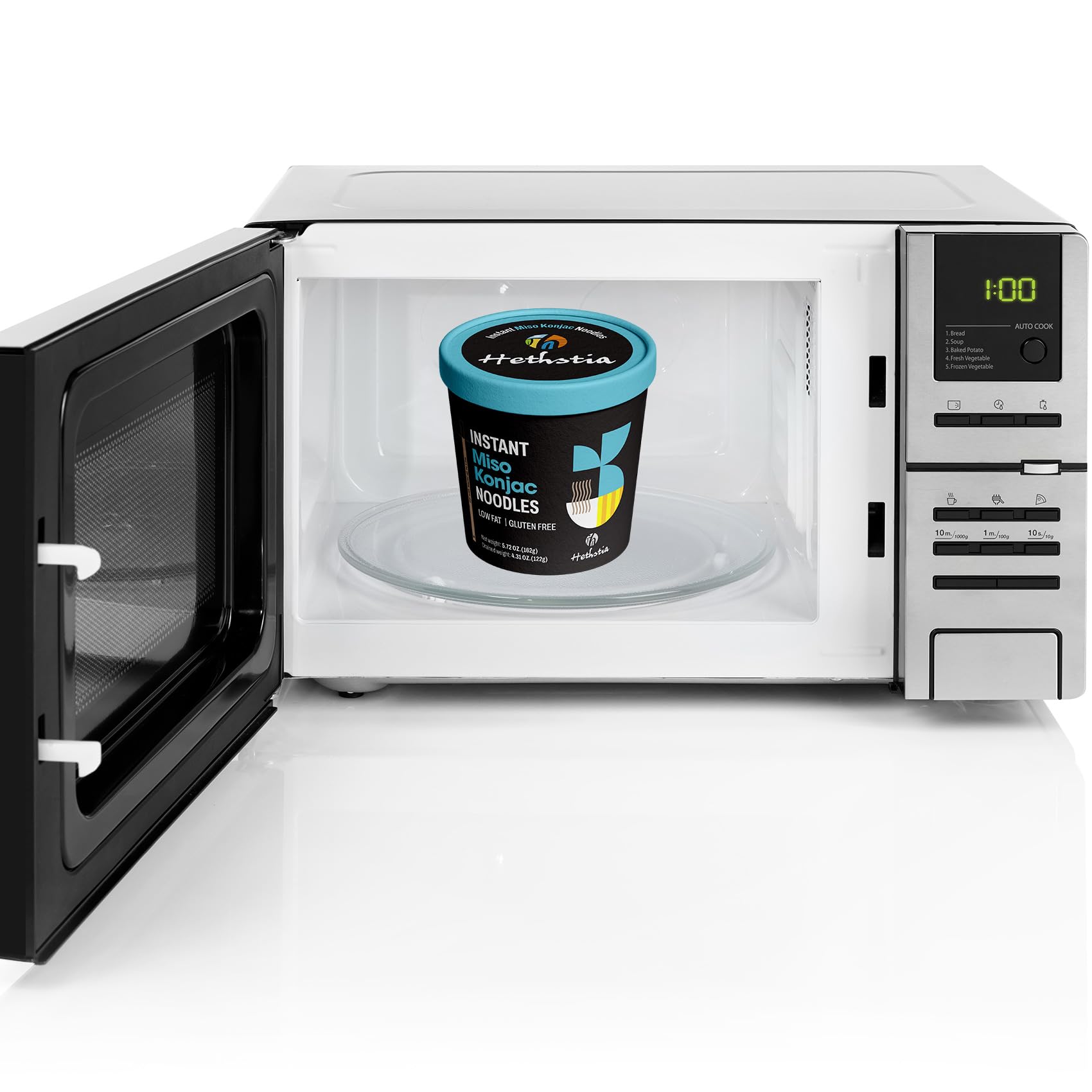 Hethstia Konjac Noodle Soup packaging highlights flavor variety and easy prep.