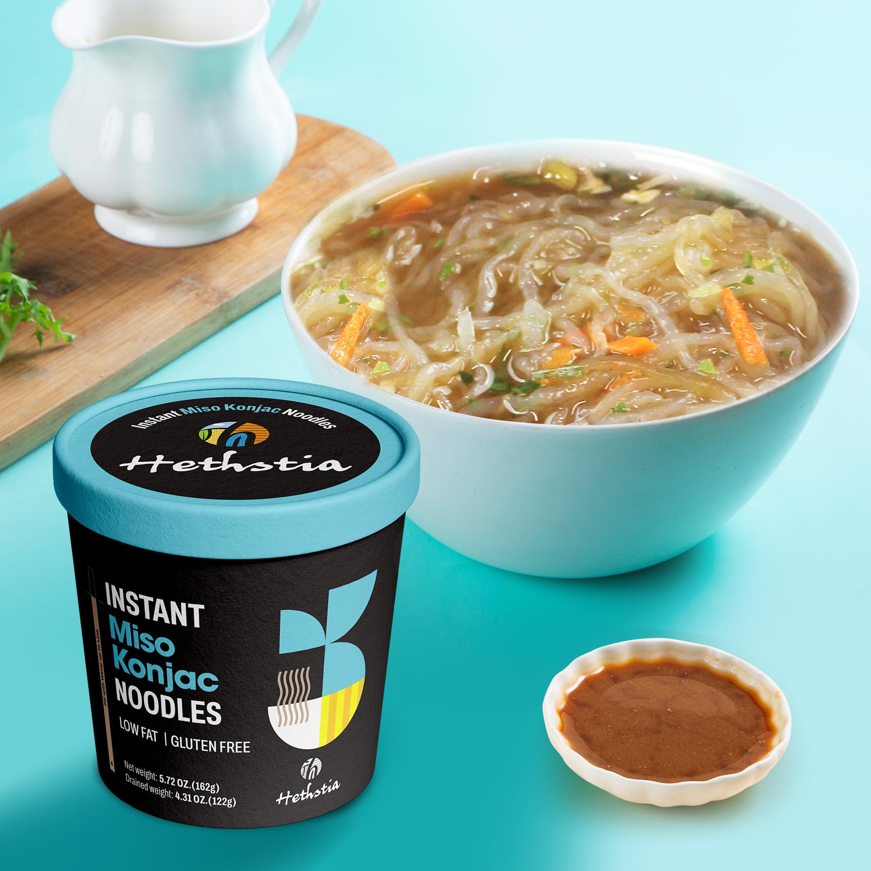 Hethstia variety pack display of four konjac noodle soup flavors.