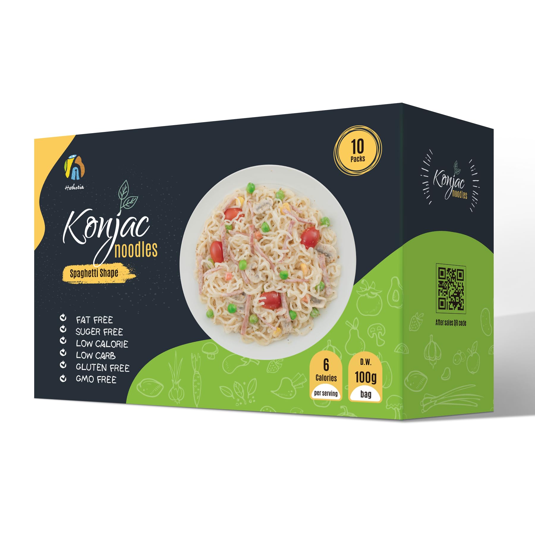 Hethstia Konjac Noodles packaging shows 10 bags for easy keto meals
