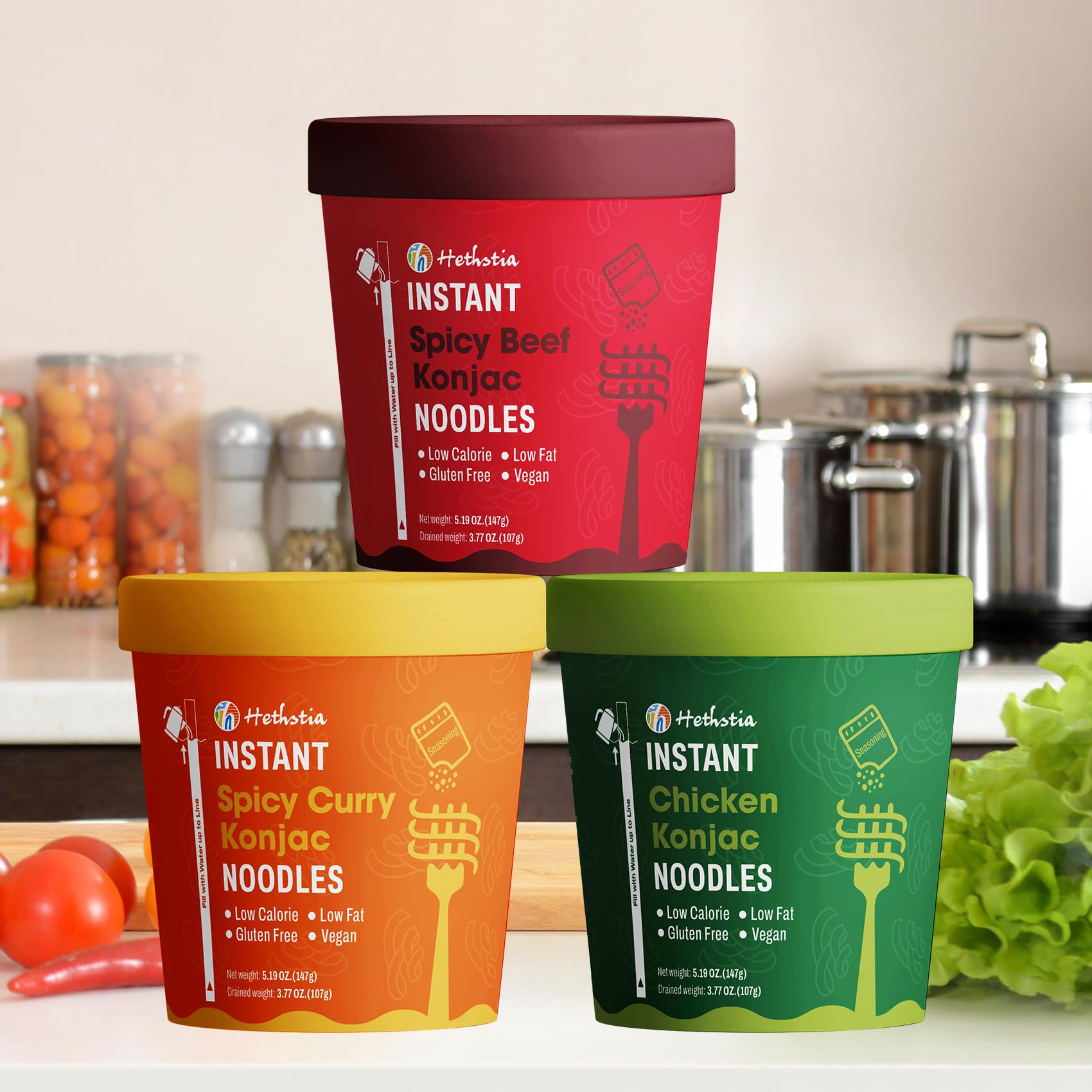 Hethstia Konjac Noodles pre-cooked noodles in a cup for easy meals.