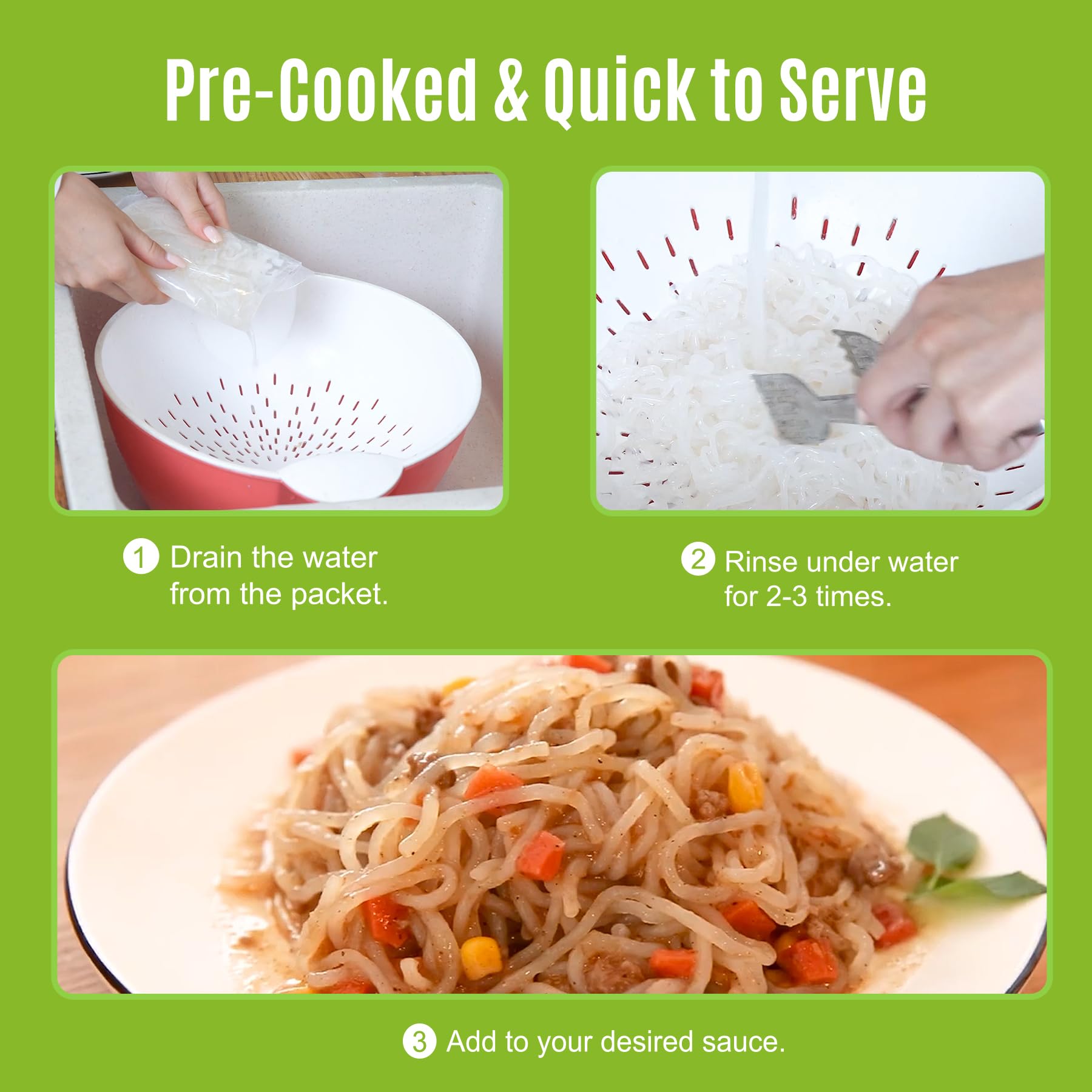 Prepared spaghetti-style dish using Hethstia noodles, ready to serve