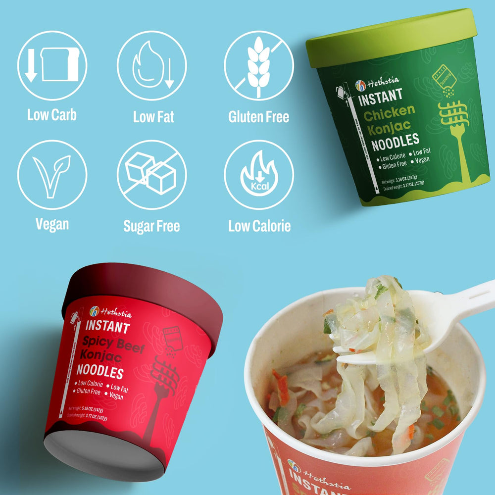 Hethstia Konjac Noodles spicy beef cup, keto-friendly flavor.