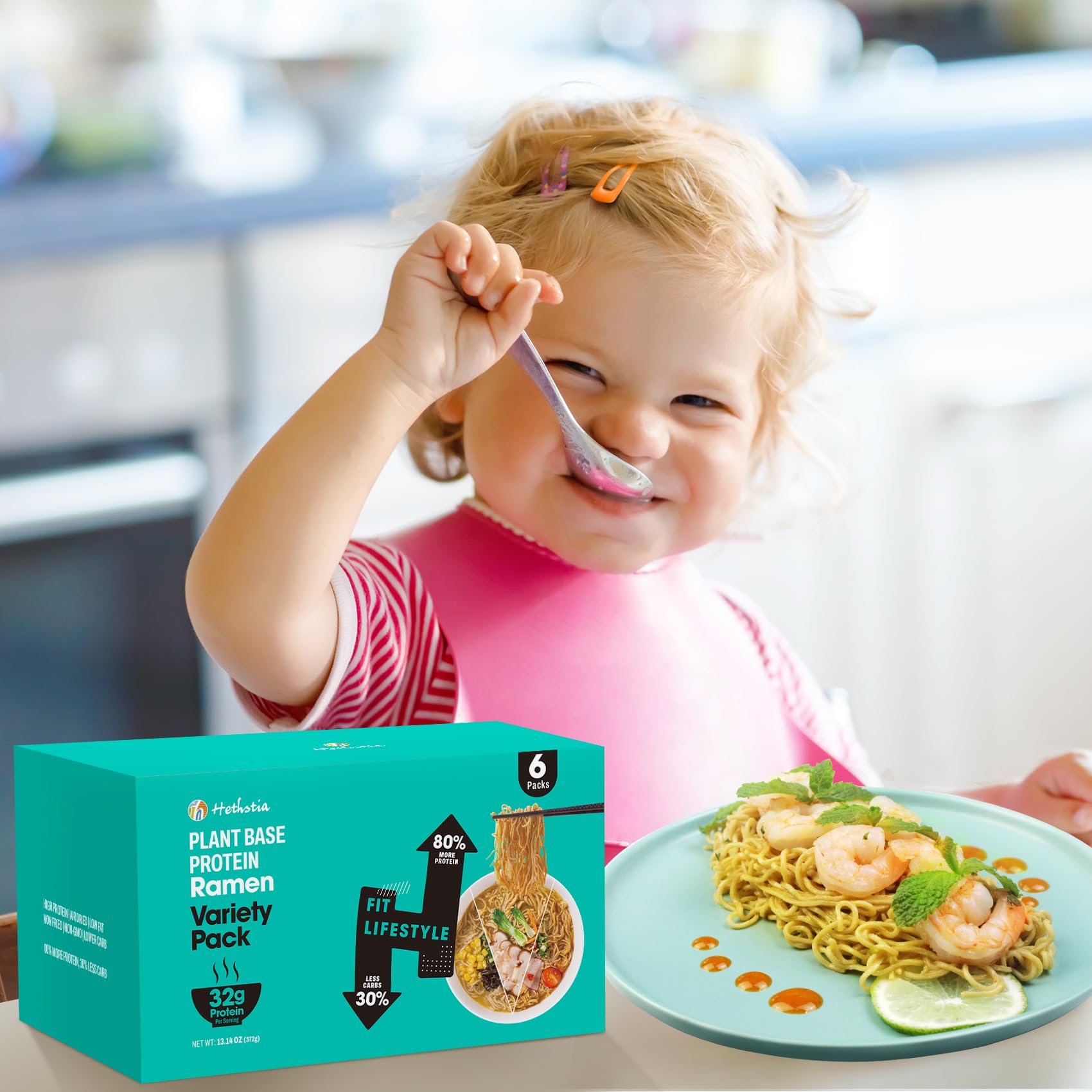 Hethstia non-GMO egg-free dairy-free ingredients on shelf.