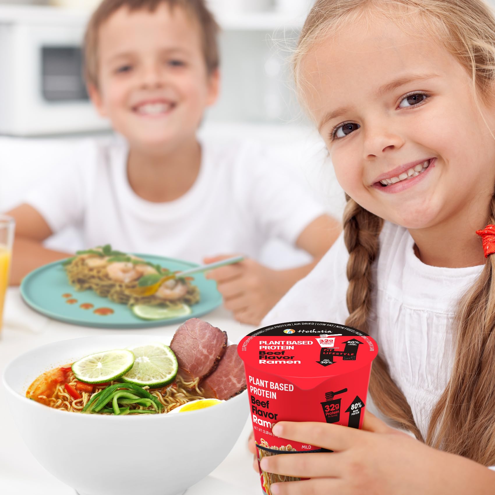 Hethstia non-GMO label close-up, plant-based protein and clean ingredients.