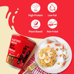 Hethstia plant-based protein ramen cup with vegetables, highlighting nutritious ingredients.