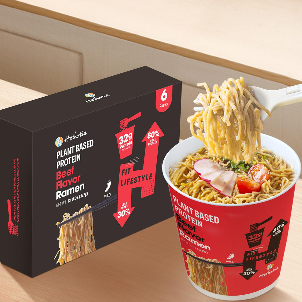 Hethstia vegan ramen cup steaming in bowl, vivid color and aroma.