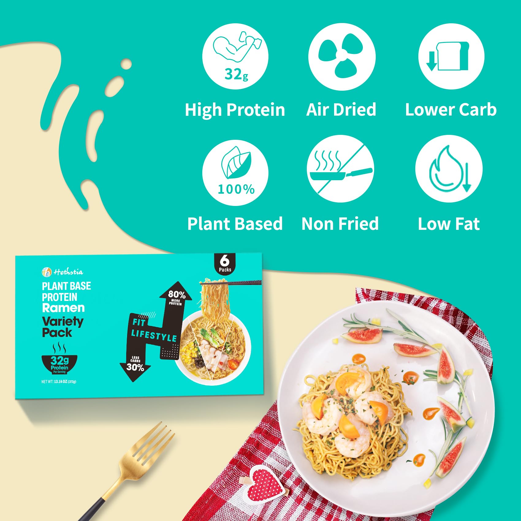 Hethstia ramen serving with 31g plant-based protein per serving.