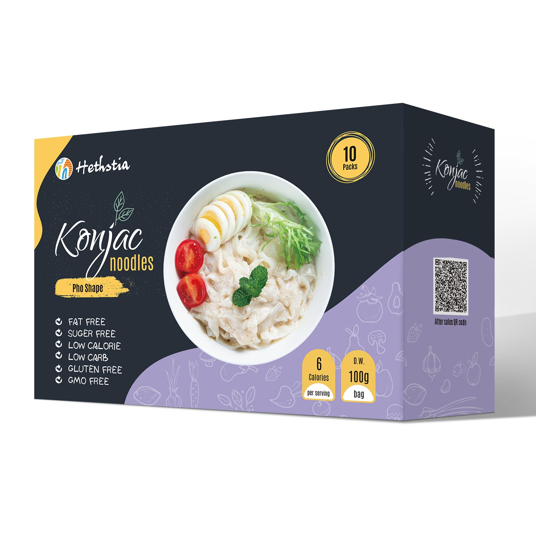 Hethstia Shirataki noodles packaging highlights ready-to-eat convenience for quick, healthy meals.