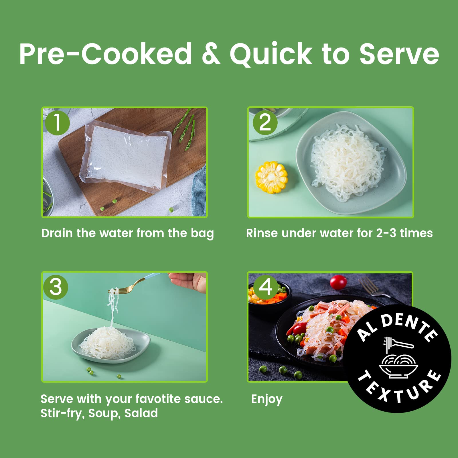 Hethstia Shirataki noodles ready-to-eat — rinse and enjoy in minutes.