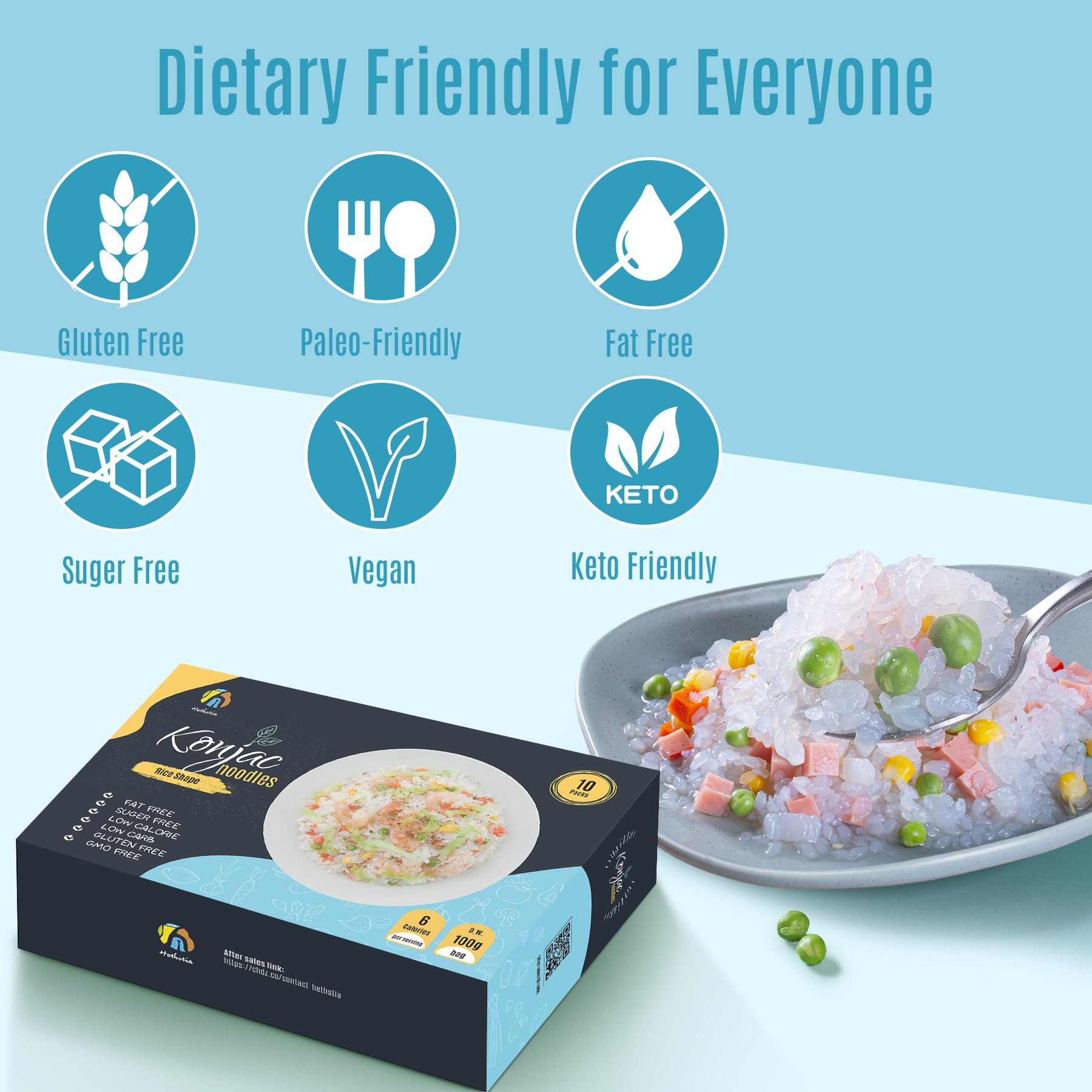 Hethstia Shirataki Rice stir-fry dish, versatile substitute for pasta.