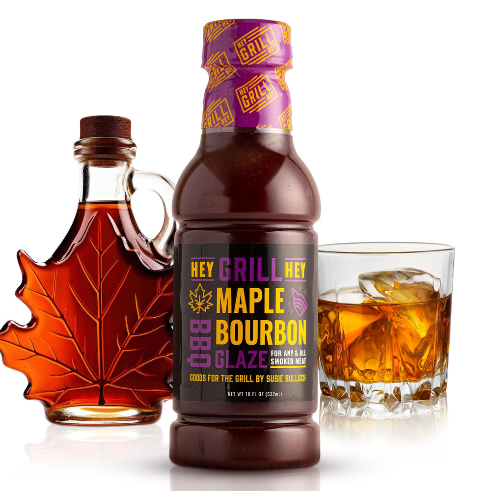 Hey Grill Hey maple bourbon glaze bottle showing rich maple sweetness.