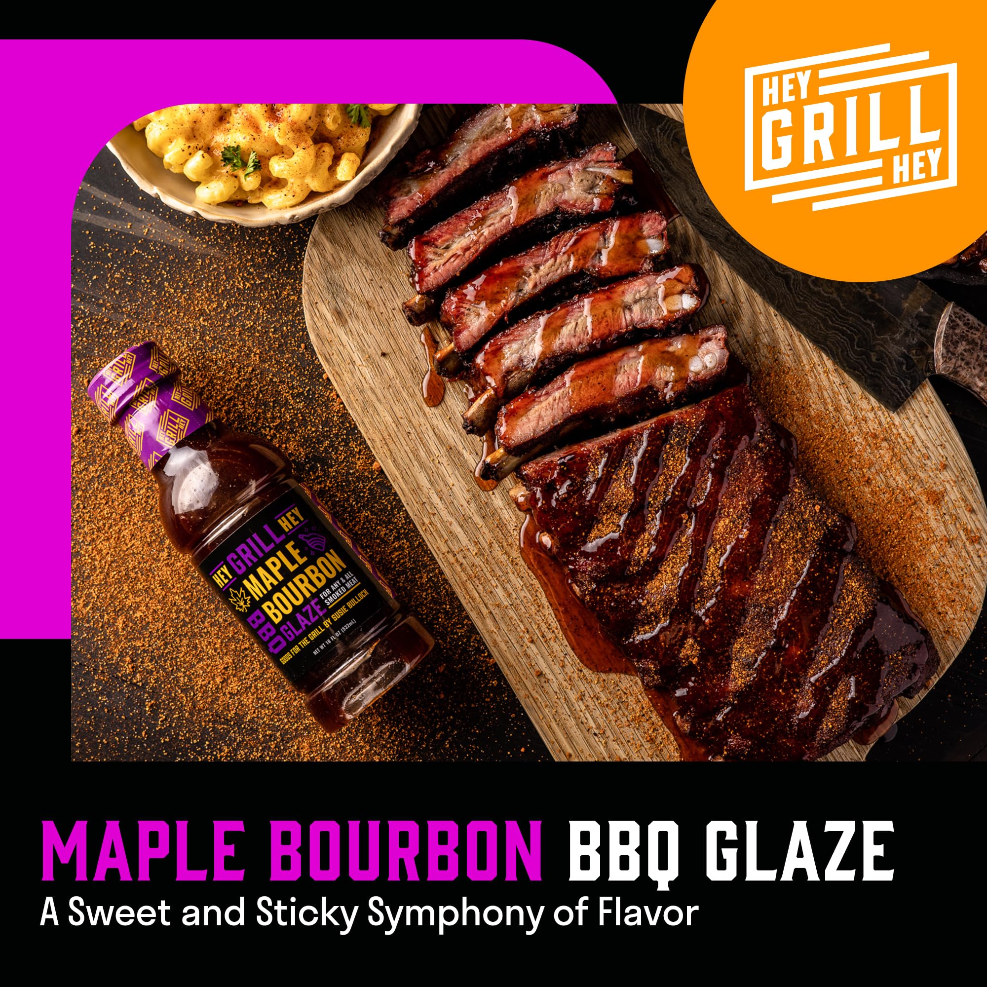Hey Grill Hey maple bourbon glaze on ribs for caramelized shine.