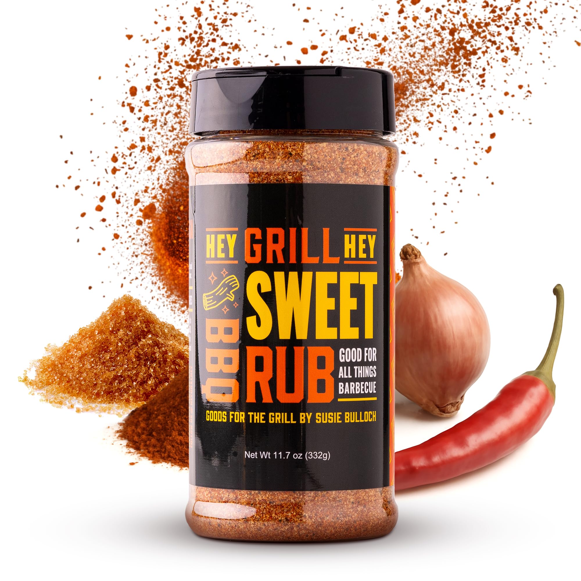 Hey Grill Hey Sweet Rub bottle close-up highlighting sweet and smoky flavor for pork