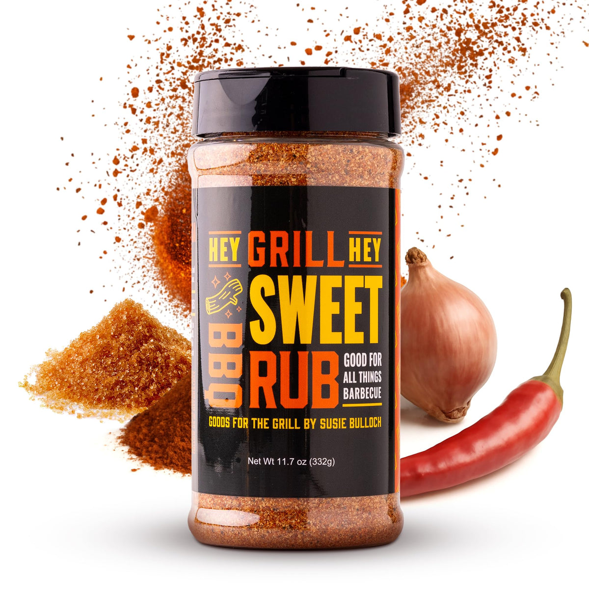 Hey Grill Hey Sweet Rub bottle close-up highlighting sweet and smoky flavor for pork