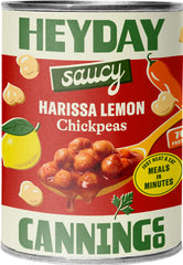 Heyday Canning Co Harissa Lemon Chickpeas can label—protein-rich plant-based pantry staple for quick meals