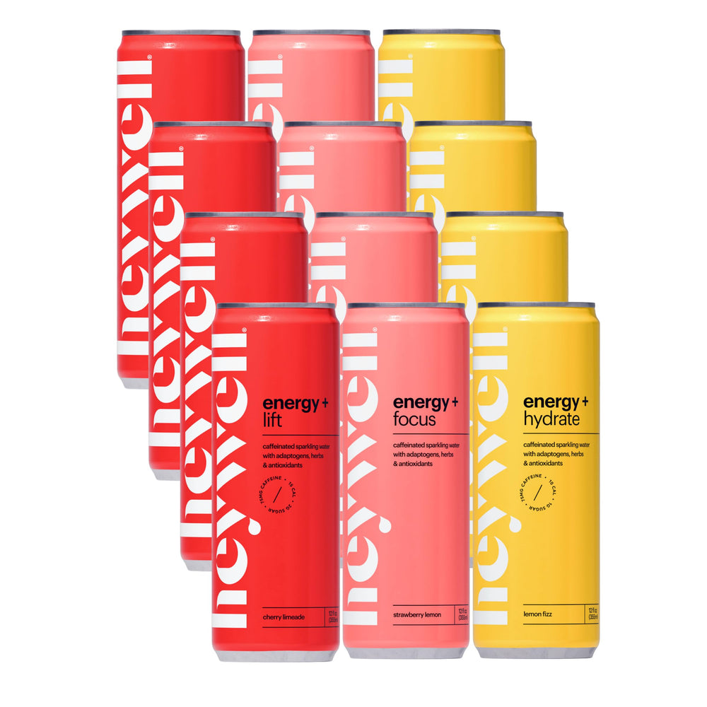 Heywell sparkling adaptogenic bottle front view emphasizing refreshing energy and focus