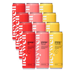 Heywell sparkling adaptogenic bottle front view emphasizing refreshing energy and focus