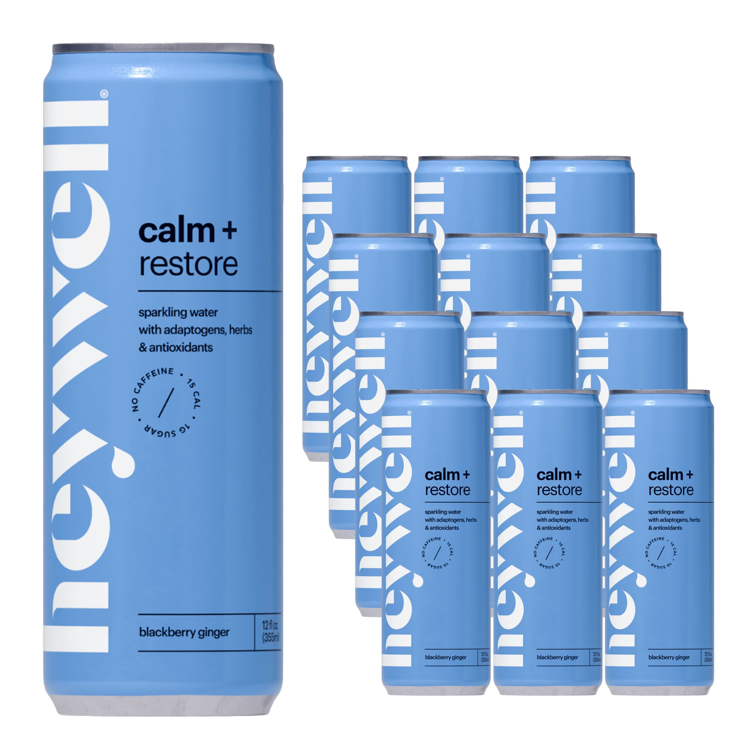 Heywell Calm and Restore sparkling bottle featuring blackberry ginger for a refreshing calm moment.