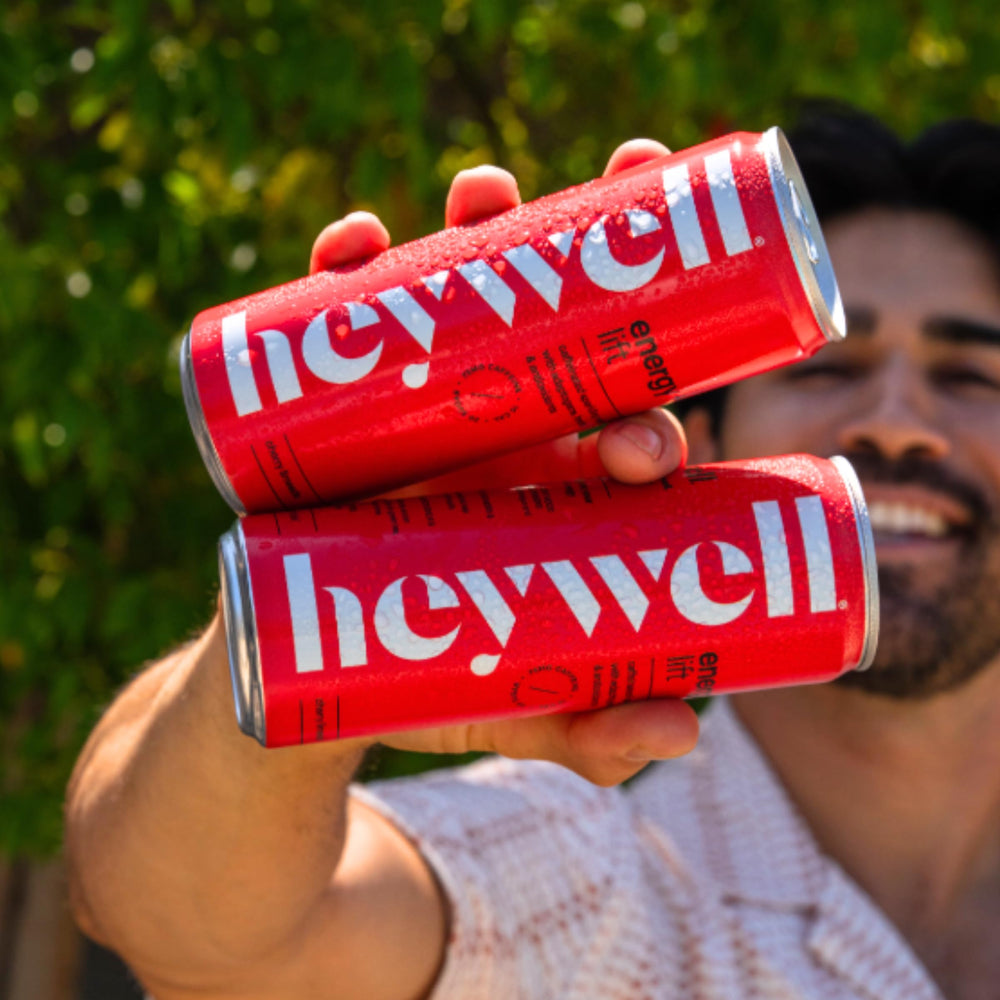 Heywell label close-up showing caffeine from organic green coffee and vegan ingredients