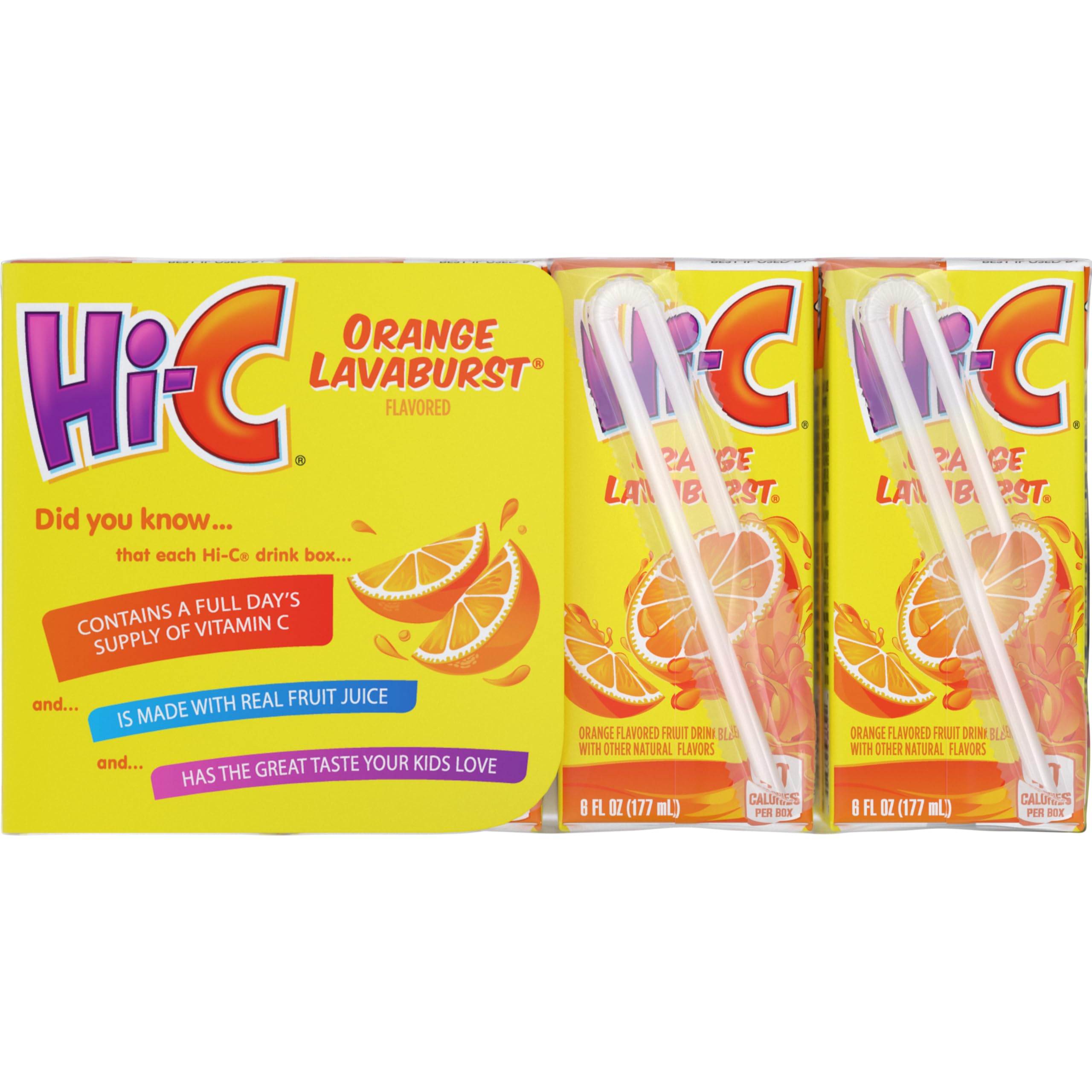 Hi-C Vitamin C graphic on the box signals nutrition-focused beverage option.