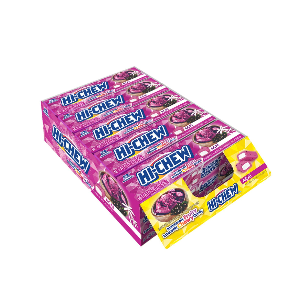 HI-CHEW Acai Sticks pack front with vibrant flavor for on-the-go snacking.