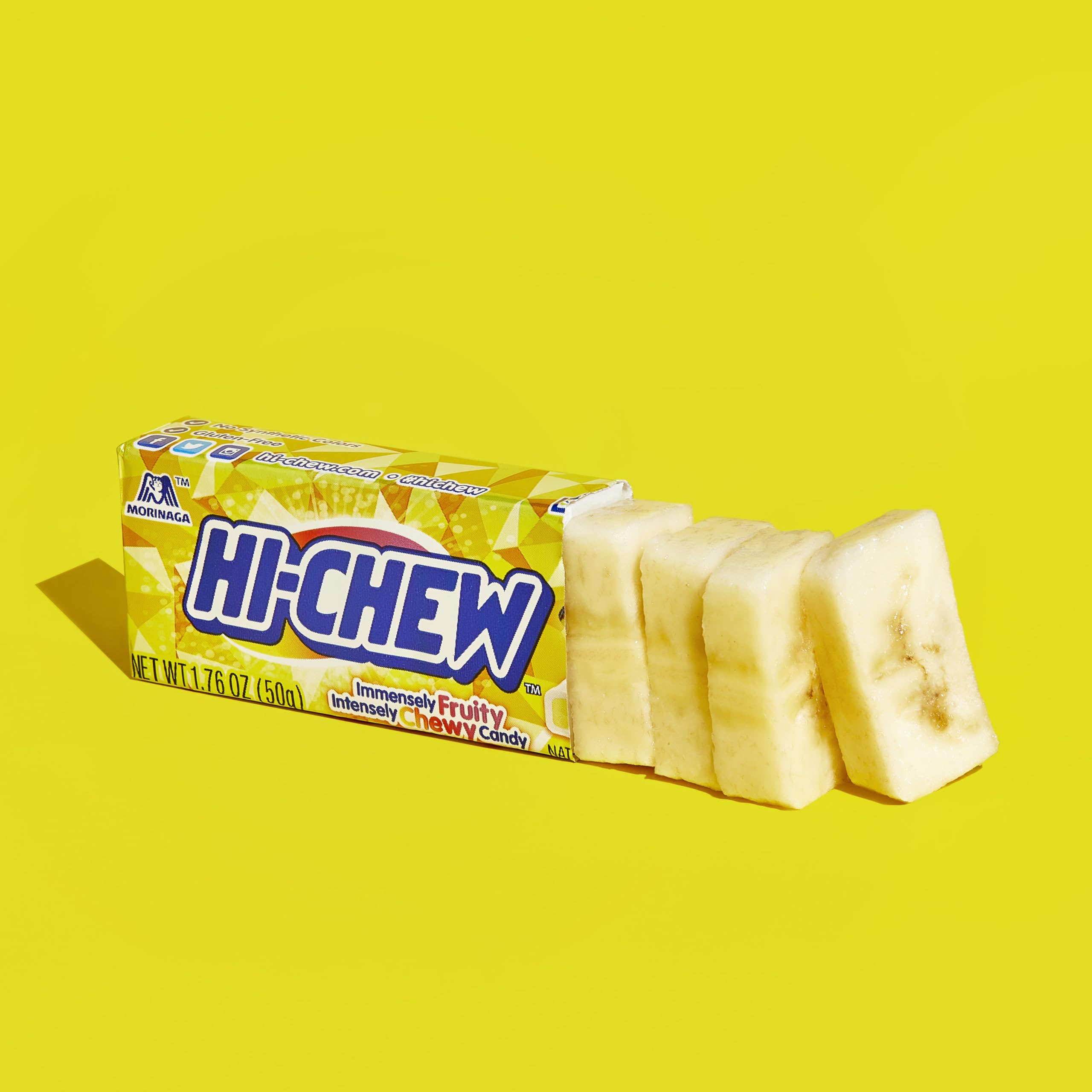 HI-CHEW Banana Sticks branding with bright packaging display.