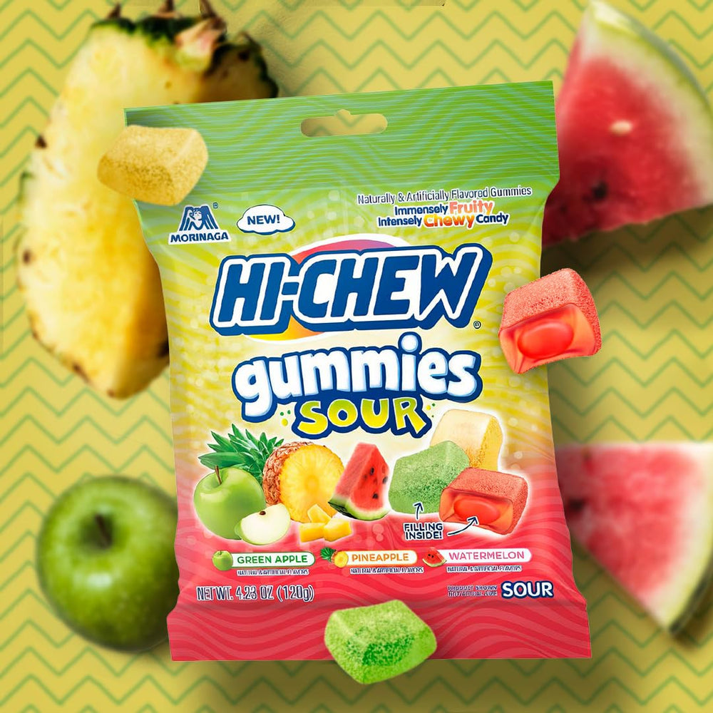 HI-CHEW double-layer texture close-up, uniquely chewy with layered fruit flavors.