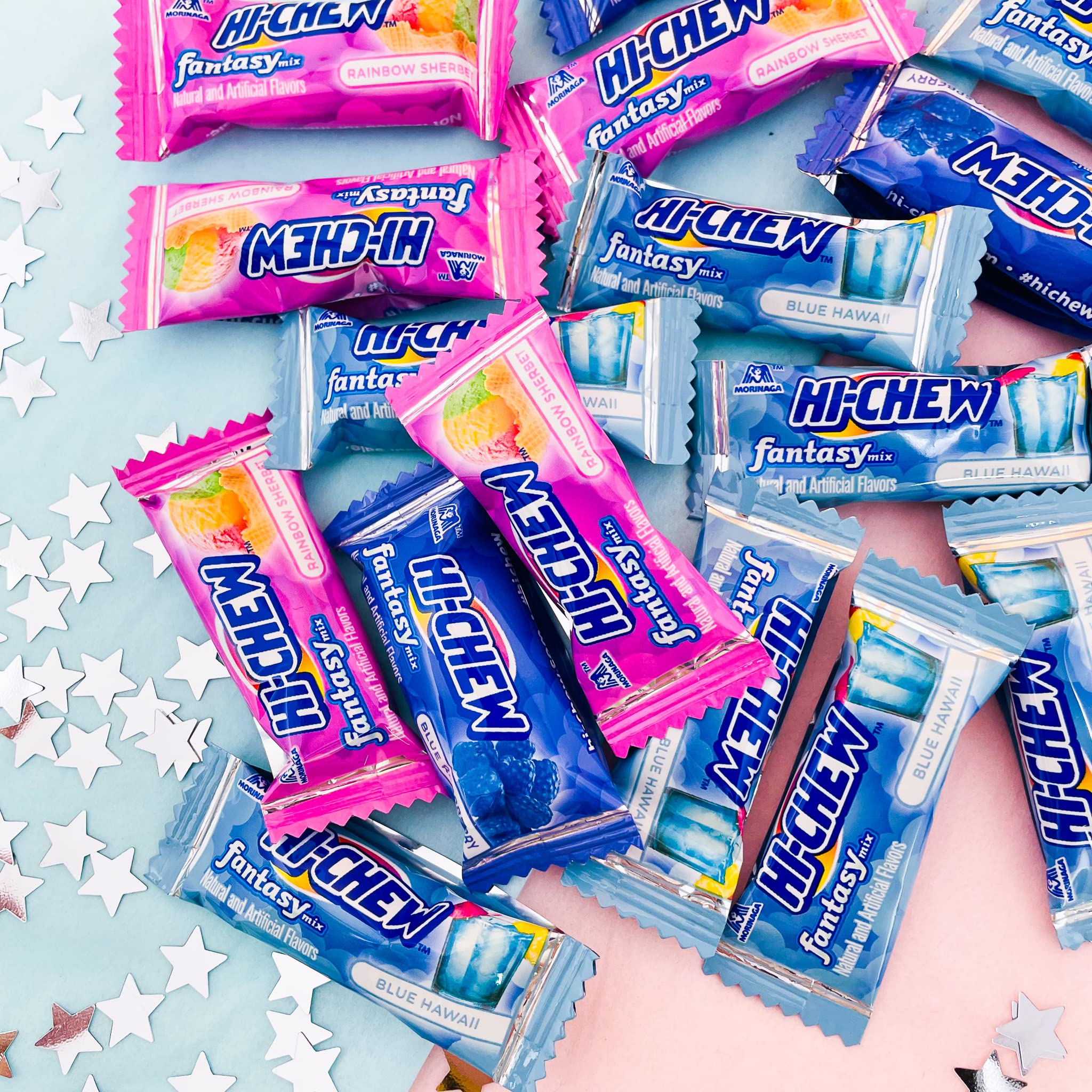 Hi-CHEW Fantasy Mix Blue Raspberry pack; intensely fruity chew for refreshing snacking moments.