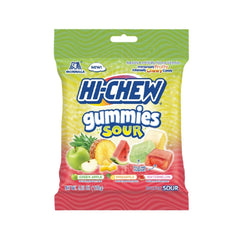 HI-CHEW Green Apple gummies close-up, tangy fruit bite perfect for on-the-go snacking.