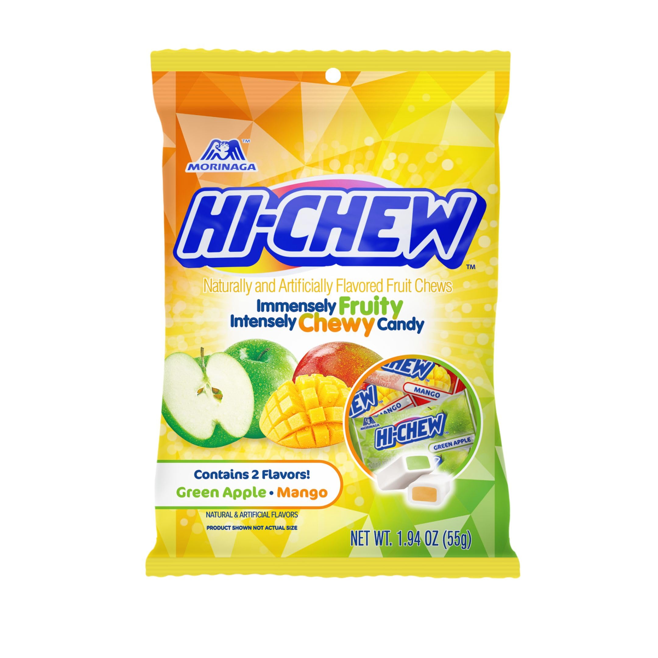 HI-CHEW Green Apple & Mango Mix bag front shows colorful individually wrapped candies ideal for sharing.