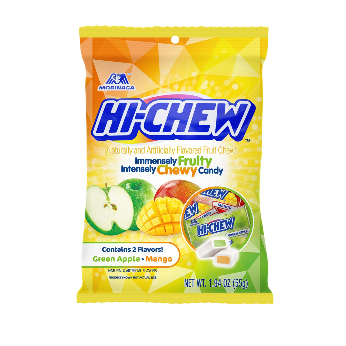 HI-CHEW Green Apple & Mango Mix bag front shows colorful individually wrapped candies ideal for sharing.