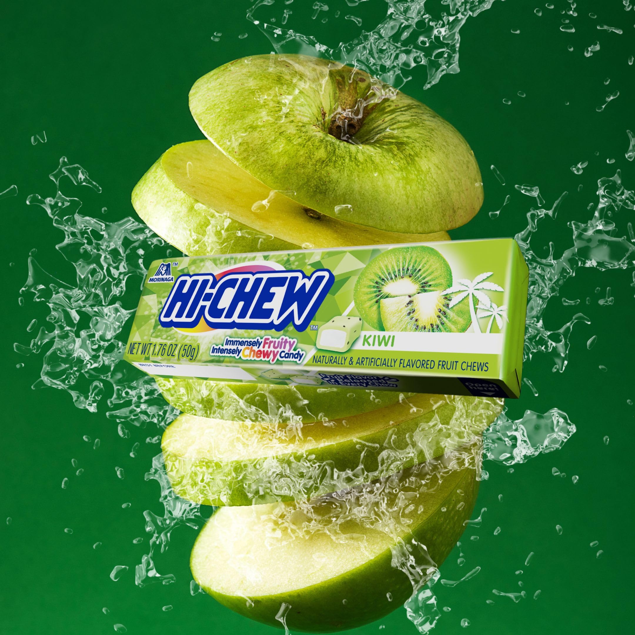 HI-CHEW Green Apple Sticks foil wrapper glow, convenient for sharing.