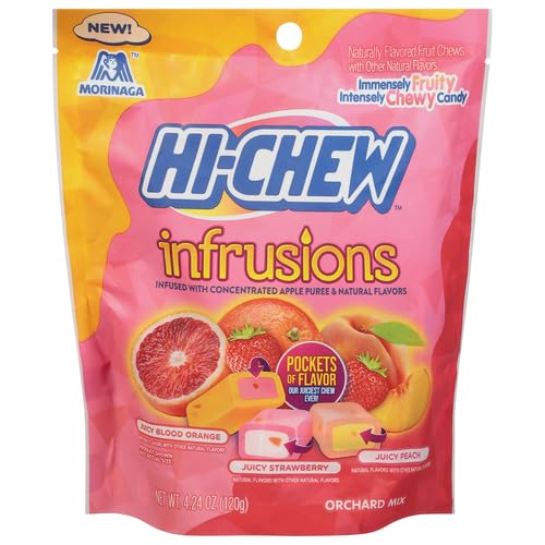 HI-CHEW Infrusions blood orange in a resealable stand-up pouch for on-the-go snacking.