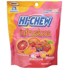HI-CHEW Infrusions blood orange in a resealable stand-up pouch for on-the-go snacking.