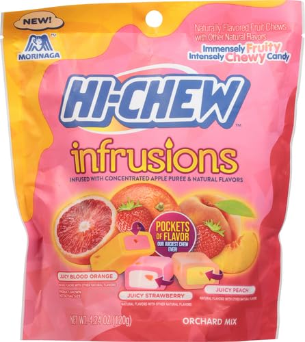 HI-CHEW Infrusions peach flavor in a compact stand-up pouch.