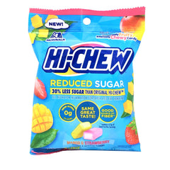 Hi-CHEW Reduced Sugar Bag 2.12oz showcasing bite-sized fruit chews for a satisfying snack alternative.